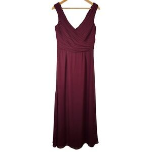 Bill Levkoff Wine Pleated V Neck Sleeveless Empire Waist Bridesmaid Maxi 12 7043